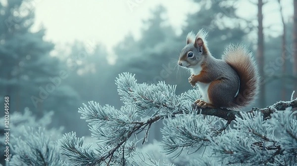 Fototapeta   A squirrel perches on a pine tree branch amidst a dense, hazy, and misty woodland