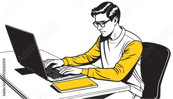 Fototapeta notion style illustration, Young man working on a laptop at home. Vector illustration in a flat style.