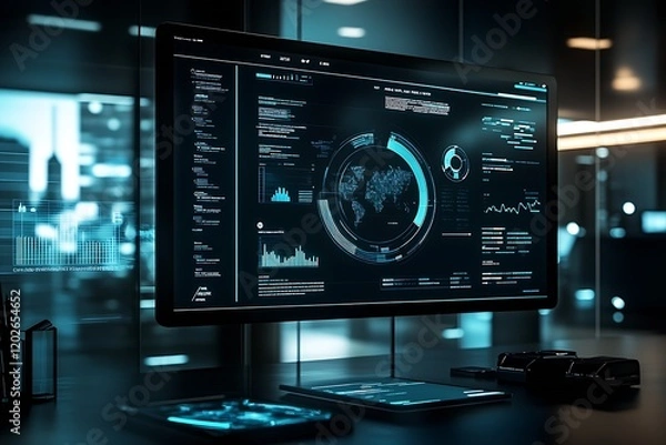 Fototapeta Advanced Digital Dashboard in a High-Tech Office Environment : Generative AI