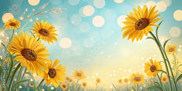 Fototapeta Sunflowers In Full Bloom With Soft Blue Sky And Bokeh Background, Cheerful And Vibrant Design, Perfect For Seasonal Advertising, Nature-Themed Projects, Or Eco-Friendly Campaigns, Promoting Optimism.