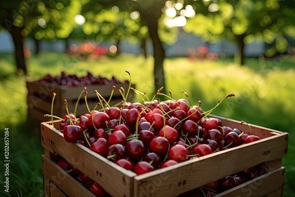 Fototapeta Harvesting fresh red cherries in a large orchard with buckets full and a close up of grass and boxes