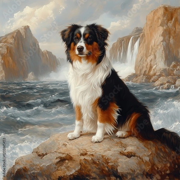 Fototapeta Majestic Australian Shepherd on Rocky Shore with Cascading Waterfalls and Dramatic Sky - Scenic Landscape Art Featuring a Beautiful Dog in Nature's Serenity