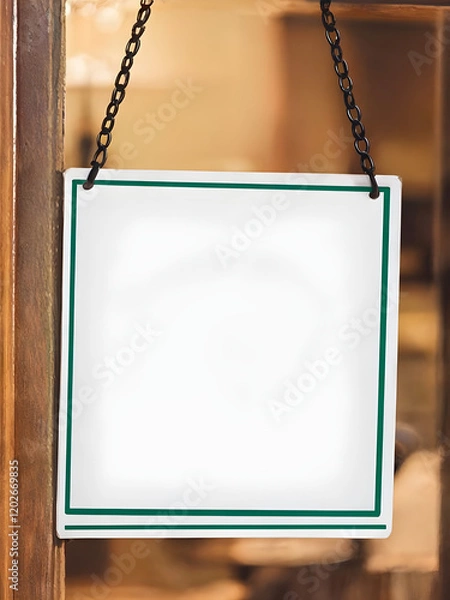 Obraz wooden signboard hanging on chains mockup