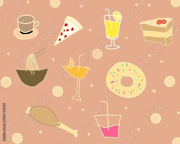 Fototapeta seamless pattern with drinks and food on the menu cafe or resturant