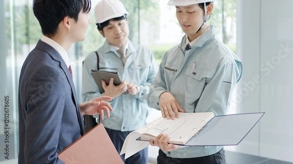 Obraz クライアントと打ち合わせをする作業服を着た男性