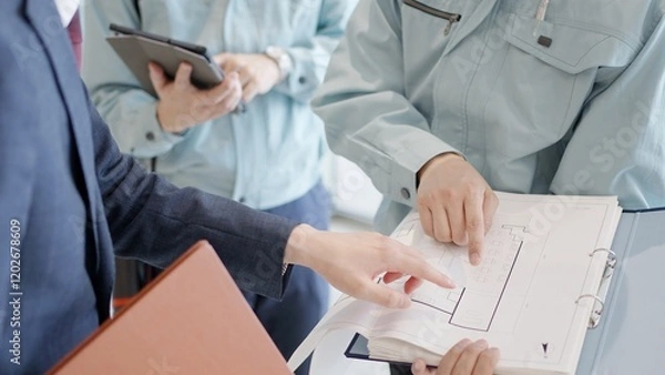 Obraz クライアントと打ち合わせをする作業服を着た男性