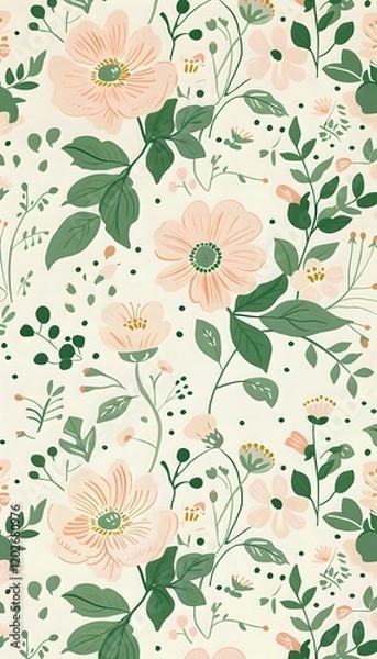 Fototapeta Elegant seamless floral pattern featuring soft peach-colored blooms and emerald green foliage on cream background, perfect for fabric, wallpaper, and surface pattern design projects.