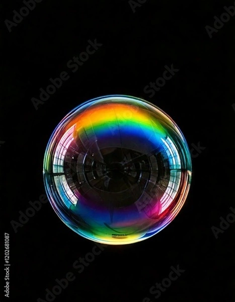 Fototapeta Single bubble with rainbow reflection in a black background
