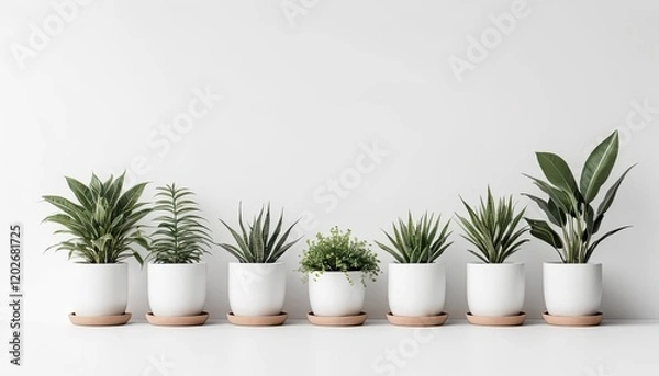 Fototapeta Rows of white ceramic pots containing various ornamental plants