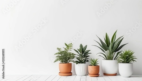 Fototapeta Rows of white ceramic pots containing various ornamental plants