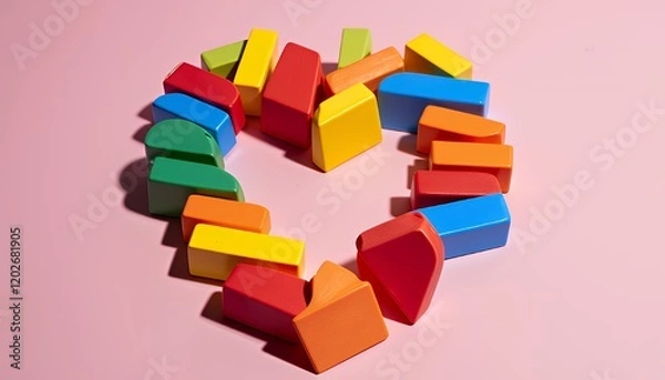 Obraz A vibrant array of colorful toy blocks arranged in a heart shape against a soft pink backdrop, symbolizing love, joy, and playful affection, perfect for Valentine's Day or any celebration of love.