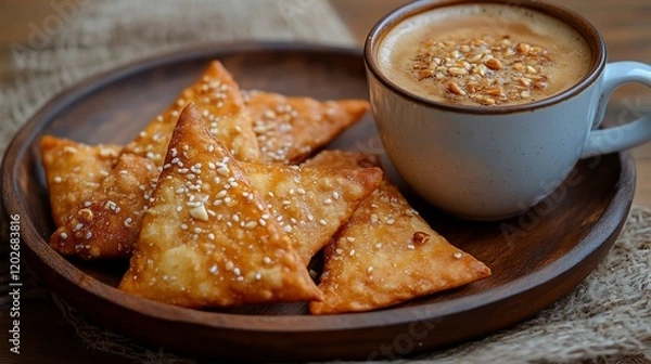 Obraz Triangle pastries with coffee on wooden plate