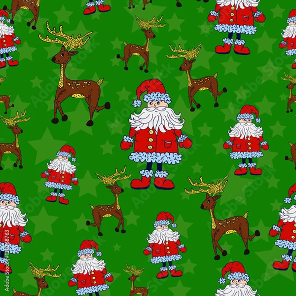 Obraz Seamless Christmas pattern with Santa, reindeer and stars