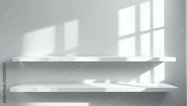 Fototapeta Front view of empty shelf on white table showcase and wall background with natural window light. Display of backdrop shelves for showing minimal concept. Realistic