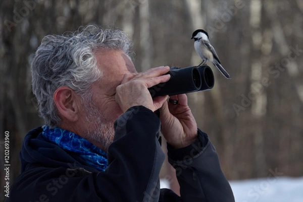 Fototapeta Black Capped Chickadee sitting on the binoculars of a bird watcher.  Humorous and unexpected portrait!