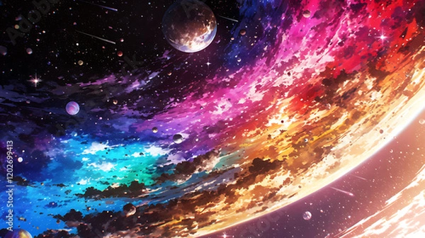Fototapeta Vibrant cosmic scene depicting colorful galaxies, planets, and swirling clouds in a vast universe