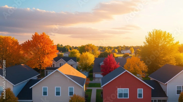 Fototapeta Aerial view of colorful autumn trees and houses in suburban neighborhood.
