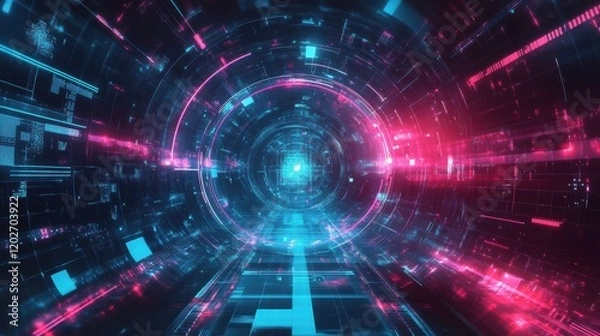 Fototapeta Abstract Digital Tunnel Neon Lights Cyberspace Art