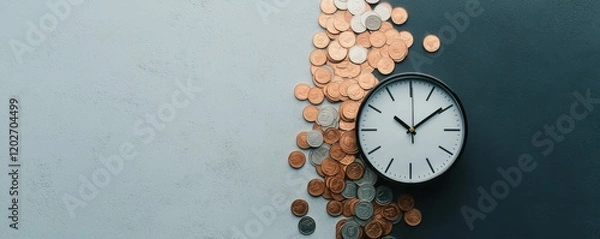 Fototapeta A clock and coins representing time and financial concepts.