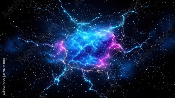 Fototapeta A futuristic abstract tech design with interconnected glowing dots and lines forming a digital network in bold electric blue colors
