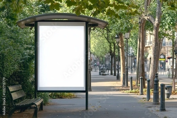 Fototapeta Bus stop billboard Mockup in empty street in Paris. Parisian style hoarding advertisement close to a park in beautiful city