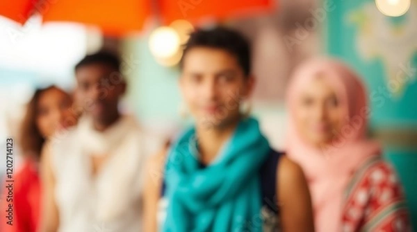 Fototapeta A group of diverse individuals enjoying their time in a vibrant café setting.