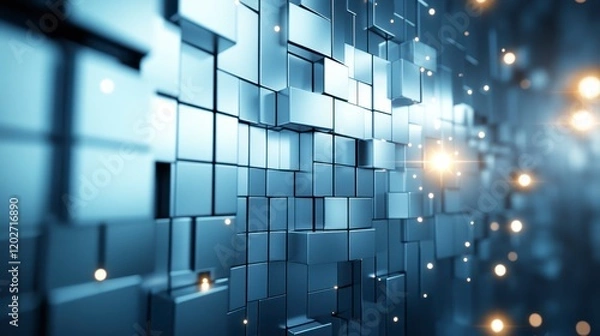 Fototapeta Abstract Metallic Cube Structure Digital Technology Background Glowing Lights