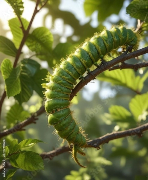 Fototapeta A large green caterpillar basks in the warm sunlight on a broadleaf tree branch, forest animal, broadleaf tree, sunny spot
