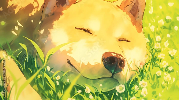 Obraz Peaceful dog resting in a sunlit meadow filled with flowers, embodying tranquility and nature