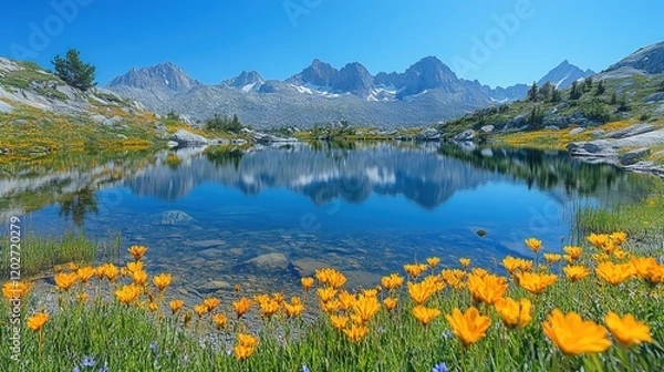 Fototapeta A serene mountain landscape with a clear lake reflecting peaks and vibrant wildflowers in the foreground.