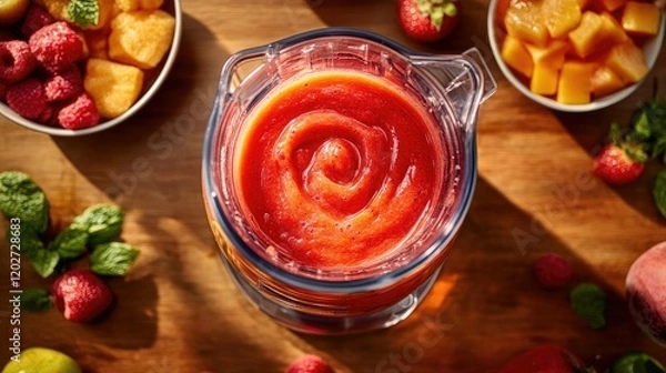 Obraz A blender mid-action, creating a swirl of red and orange smoothie while surrounded by fresh fruit bowls.