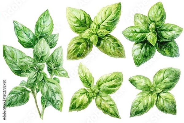 Fototapeta A collection of watercolor illustrations of basil leaves in various shapes and sizes.