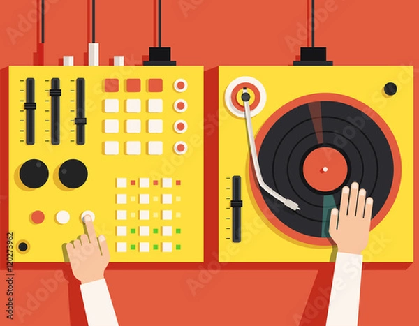Obraz Turntable with dj hands. Vector flat illustration