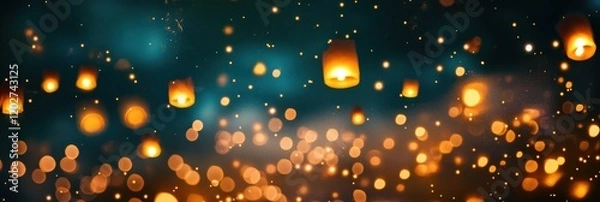 Fototapeta Glowing Sky Lanterns at Night with Golden Bokeh Lights.