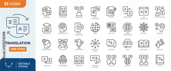 Obraz Translation line editable icon set. Containing language, bilingual, communication, speaking and more. Vector illustration