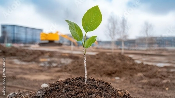 Obraz A construction site transformed into a phytoremediation project with pioneer species like birch trees planted in toxic soil, clean and innovative