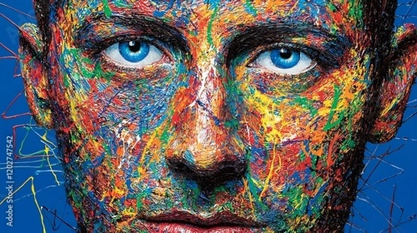 Fototapeta Colorful portrait, abstract paint splash, intense gaze, blue background, art print
