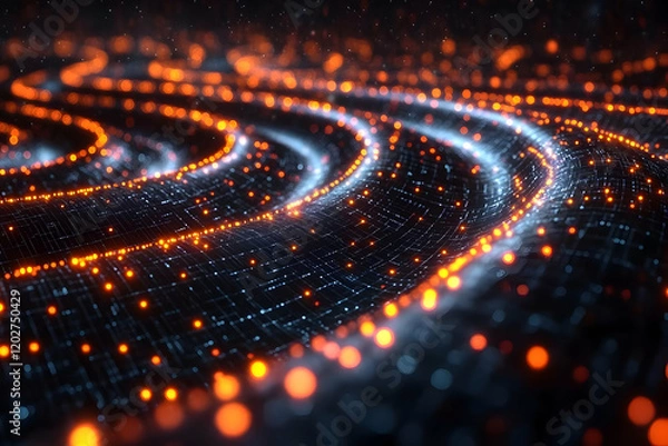 Fototapeta Abstract Digital Flow with Orange and Blue Glowing Particles