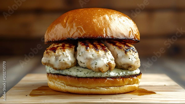Fototapeta Grilled Chicken Burger with Creamy Herb Sauce, sandwich, bun, creamy sauce, dill sauce, garlic sauce