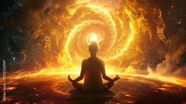 Fototapeta Harmonized energy fields and light around a meditating character in a cosmic background