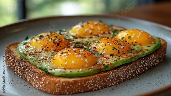 Obraz A delicious toast topped with avocado, eggs, and spices, perfect for breakfast or brunch.