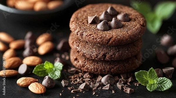 Obraz A stack of chocolate cookies surrounded by almonds and mint leaves on a dark surface.