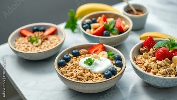 Fototapeta Assorted Healthy Breakfast Ingredients in Bowls