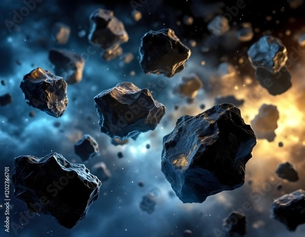 Fototapeta A captivating 3D image of floating asteroids in space with glowing details and cosmic backdrop.