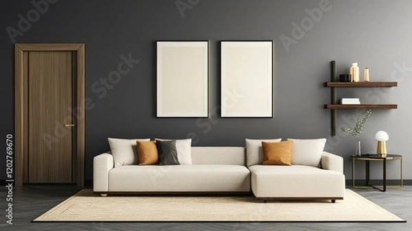 Obraz Contemporary Living Room Interior with Sofa - 3D Rendered Design