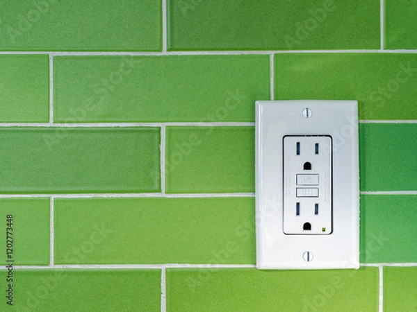 Obraz A GFCI (Ground Fault Circuit Interrupter) electrical outlet on a green tiled wall