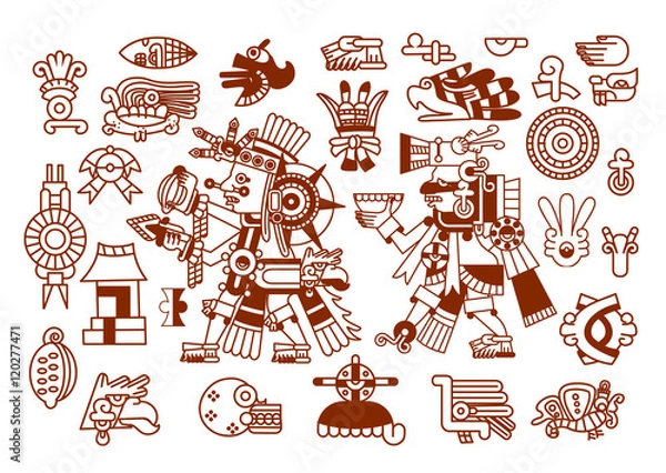 Obraz sketch drawing aztec cacao bean, leaves, nibs, pattern for choco