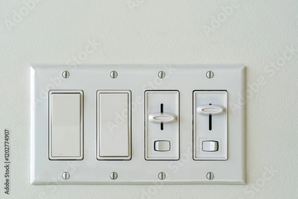 Obraz A fixture of mixed rocker switches and light dimmers on a white wall