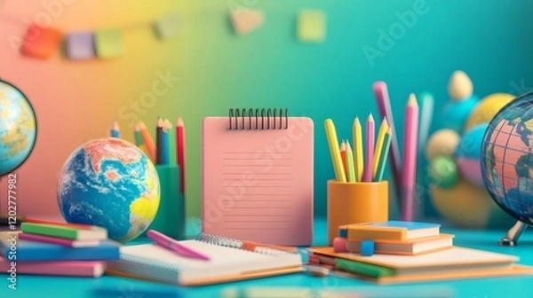 Fototapeta Back to School Colorful Desk Setup with Globes and Notebooks