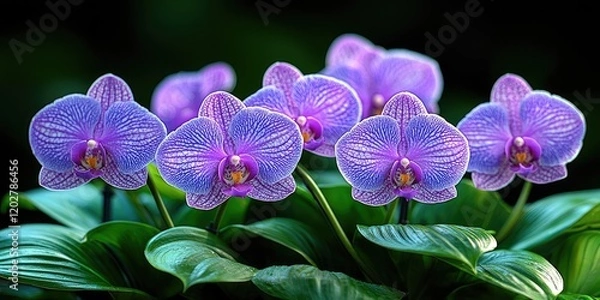 Obraz A tropical garden alive with orchids, hibiscus, and large green leaves, dappled sunlight illuminating the exotic flowers.